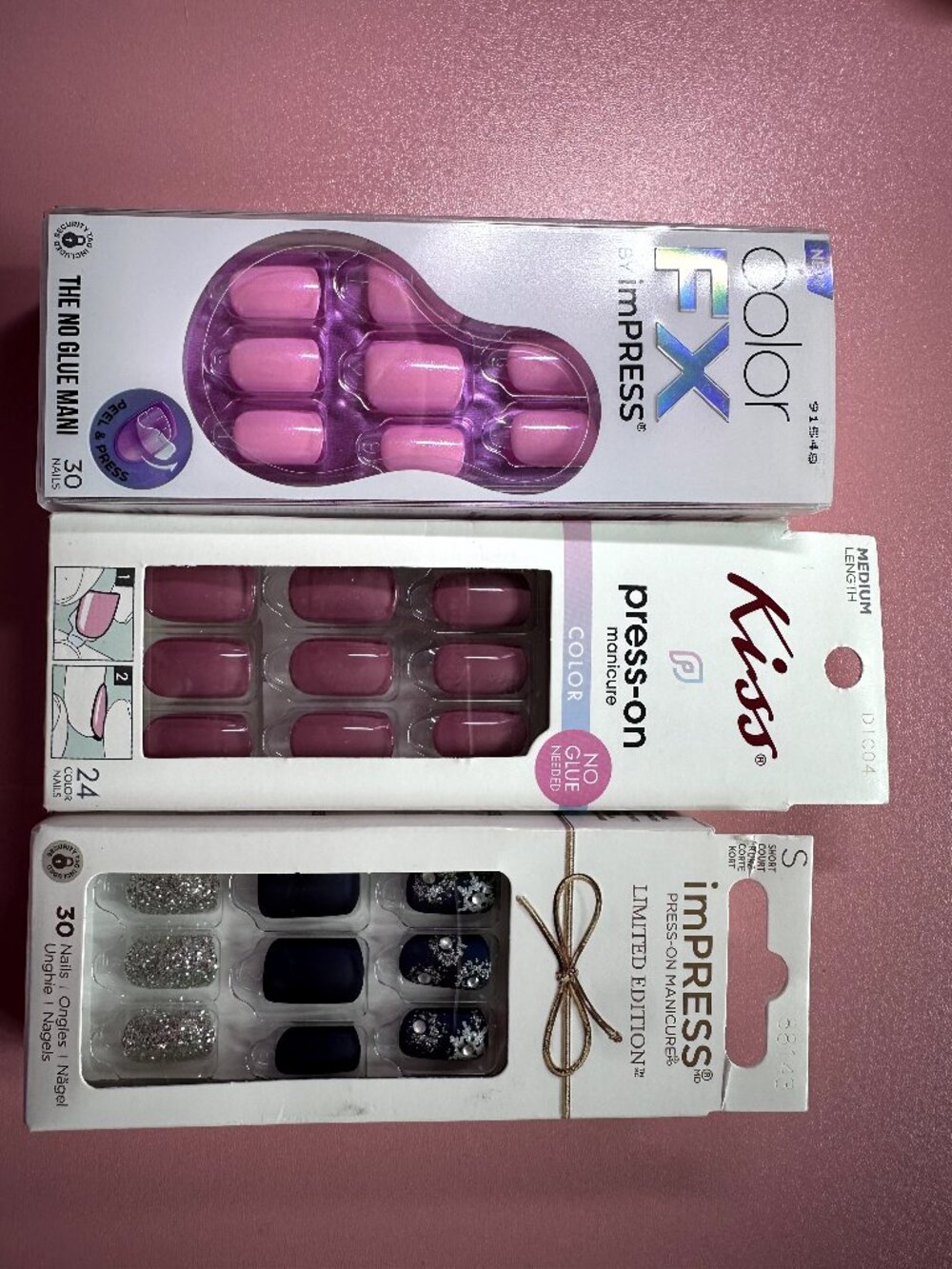 3pc Press On Nail Bundle – imPRESS Snowflake & Pink + KISS Dusty Rose